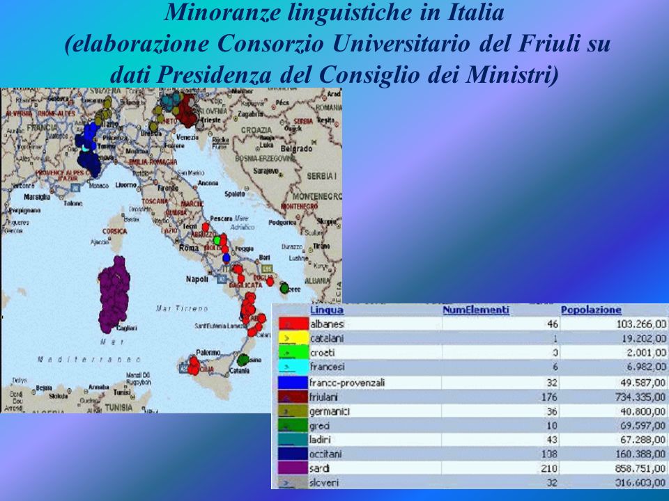 Minoranze linguistiche in Italia (elaborazione Consorzio Universitario del Friuli su dati Presidenza del Consiglio dei Ministri)