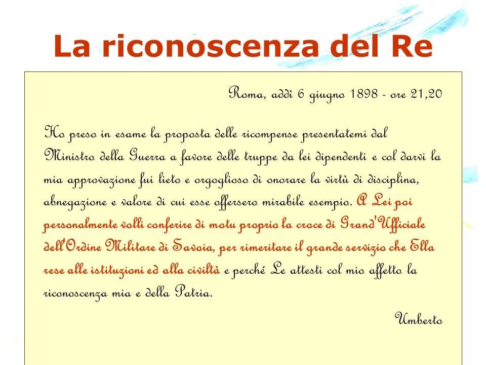 La riconoscenza del Re Roma, addì 6 giugno ore 21,20