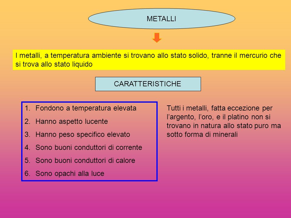 METALLI I metalli, a temperatura ambiente si trovano allo stato solido, tranne il mercurio che si trova allo stato liquido.