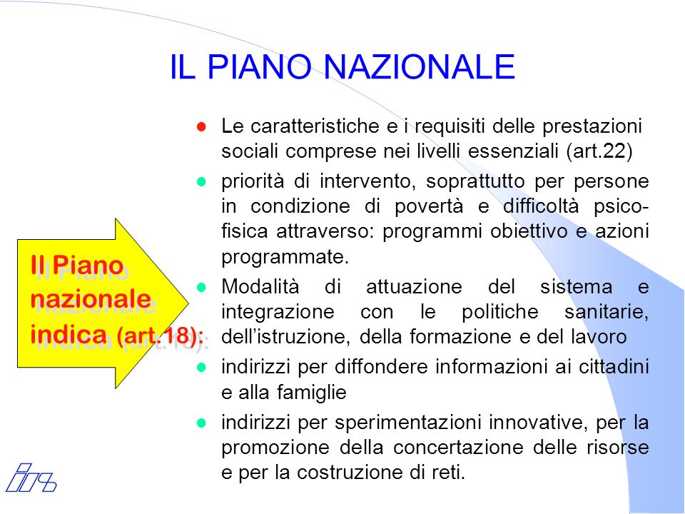 IL PIANO NAZIONALE Il Piano nazionale indica (art.18):