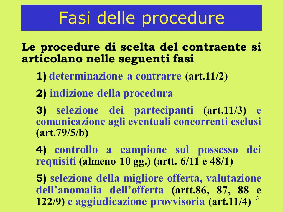 Fasi delle procedure Le procedure di scelta del contraente si articolano nelle seguenti fasi. 1) determinazione a contrarre (art.11/2)