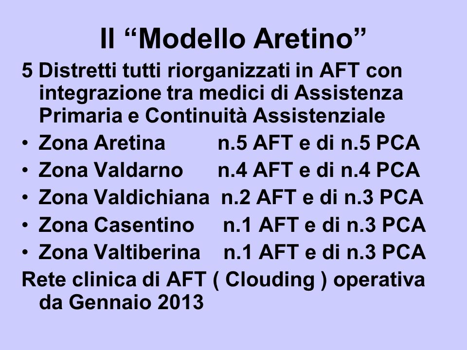 Il Modello Aretino 5 Distretti tutti riorganizzati in AFT con integrazione tra medici di Assistenza Primaria e Continuità Assistenziale.
