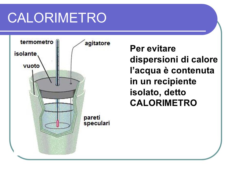 CALORIMETRO Per evitare dispersioni di calore l’acqua è contenuta in un recipiente isolato, detto CALORIMETRO.