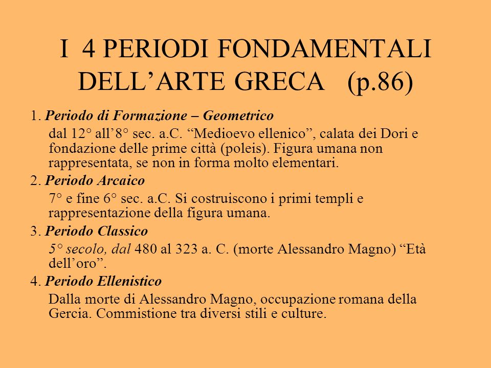 I 4 PERIODI FONDAMENTALI DELL’ARTE GRECA (p.86)