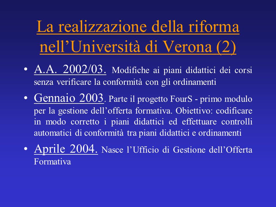 La realizzazione della riforma nell’Università di Verona (2)