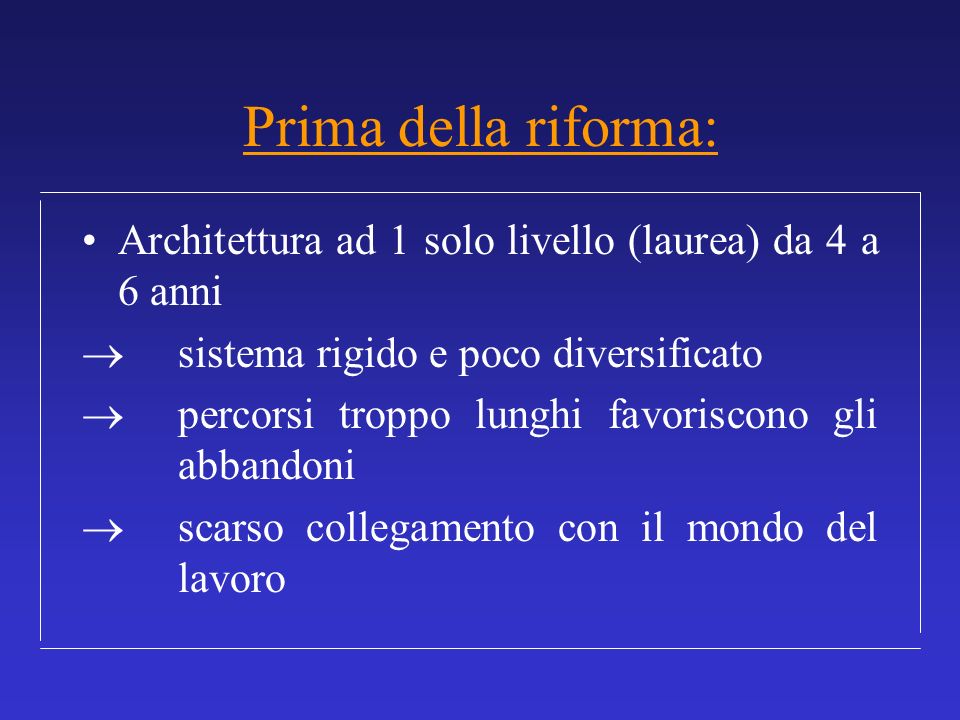 Prima della riforma: Architettura ad 1 solo livello (laurea) da 4 a 6 anni.  sistema rigido e poco diversificato.