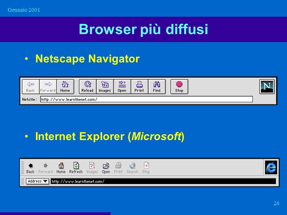 Browser più diffusi Netscape Navigator Internet Explorer (Microsoft)