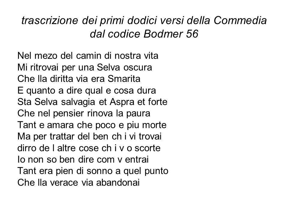 trascrizione dei primi dodici versi della Commedia dal codice Bodmer 56