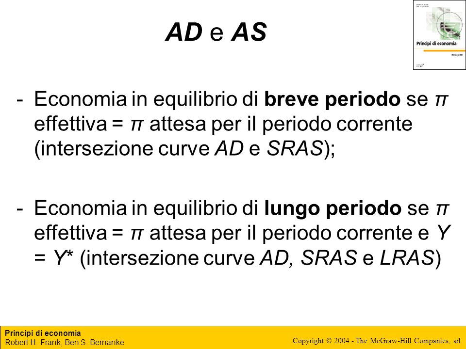 AD e AS Economia in equilibrio di breve periodo se π effettiva = π attesa per il periodo corrente (intersezione curve AD e SRAS);