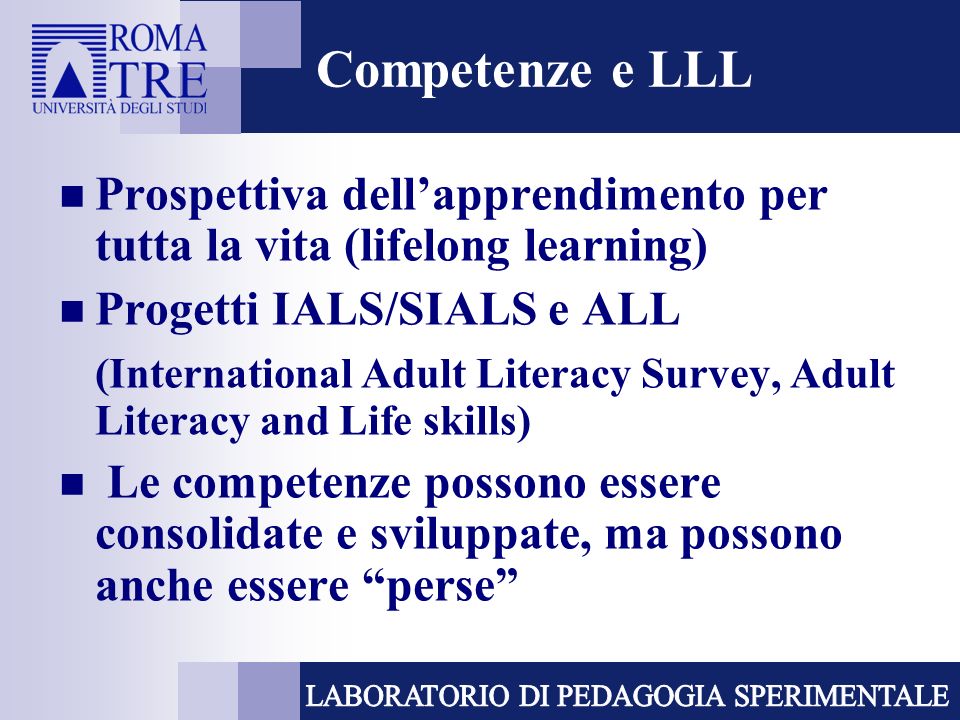 Competenze e LLL Prospettiva dell’apprendimento per tutta la vita (lifelong learning) Progetti IALS/SIALS e ALL.