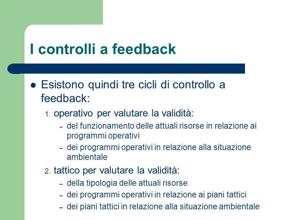 I controlli a feedback Esistono quindi tre cicli di controllo a feedback: operativo per valutare la validità: