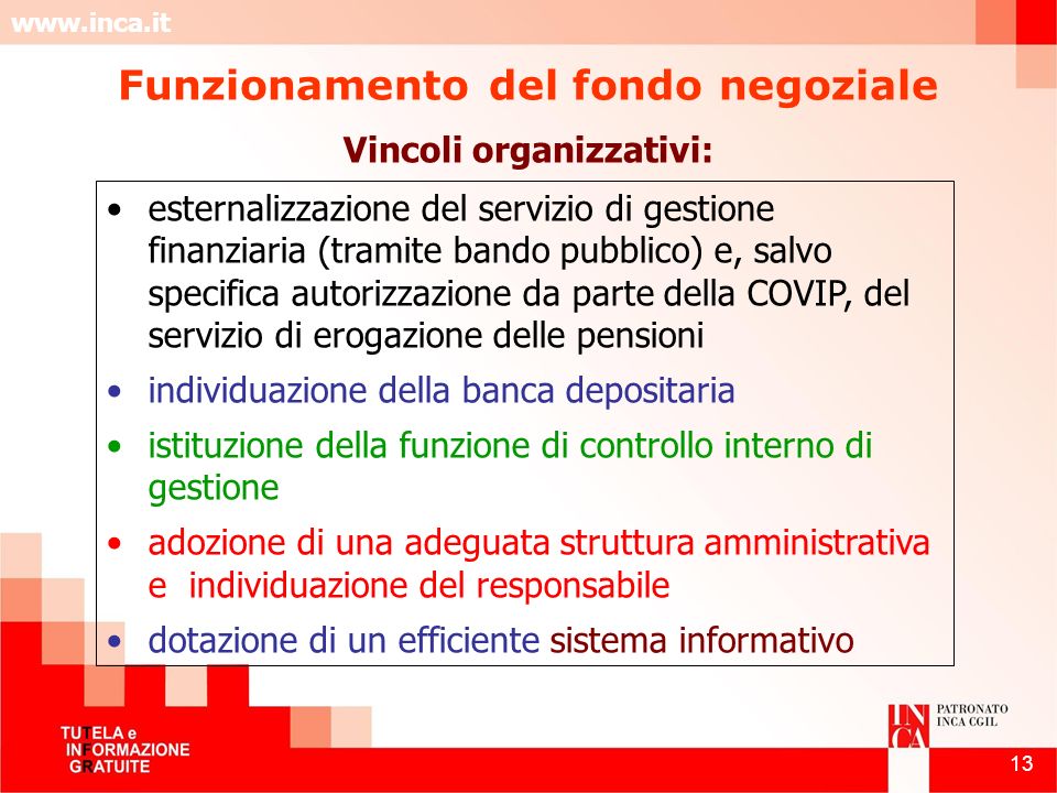Funzionamento del fondo negoziale Vincoli organizzativi: