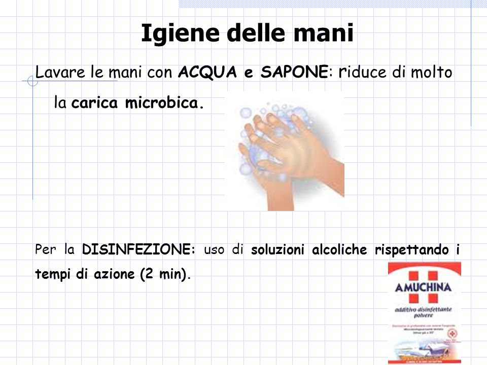 Igiene delle mani Lavare le mani con ACQUA e SAPONE: riduce di molto la carica microbica.
