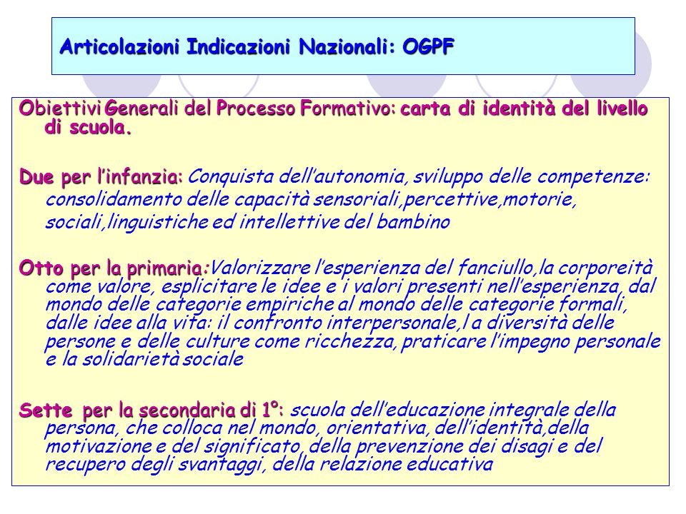 Articolazioni Indicazioni Nazionali: OGPF