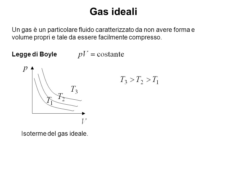 Gas ideali Un gas è un particolare fluido caratterizzato da non avere forma e volume propri e tale da essere facilmente compresso.
