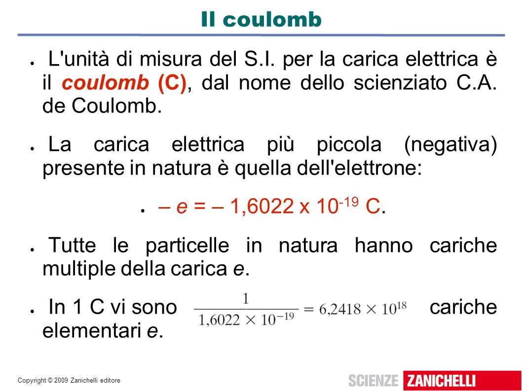 Il coulomb L unità di misura del S.I. per la carica elettrica è il coulomb (C), dal nome dello scienziato C.A. de Coulomb.