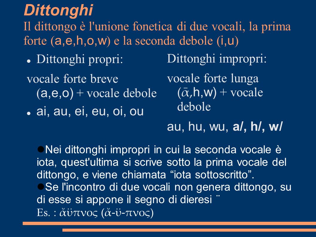 Dittonghi Il dittongo è l unione fonetica di due vocali, la prima forte (a,e,h,o,w) e la seconda debole (i,u)