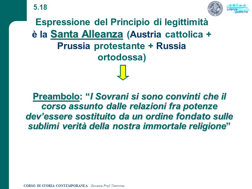 5.18 Espressione del Principio di legittimità è la Santa Alleanza (Austria cattolica + Prussia protestante + Russia ortodossa)