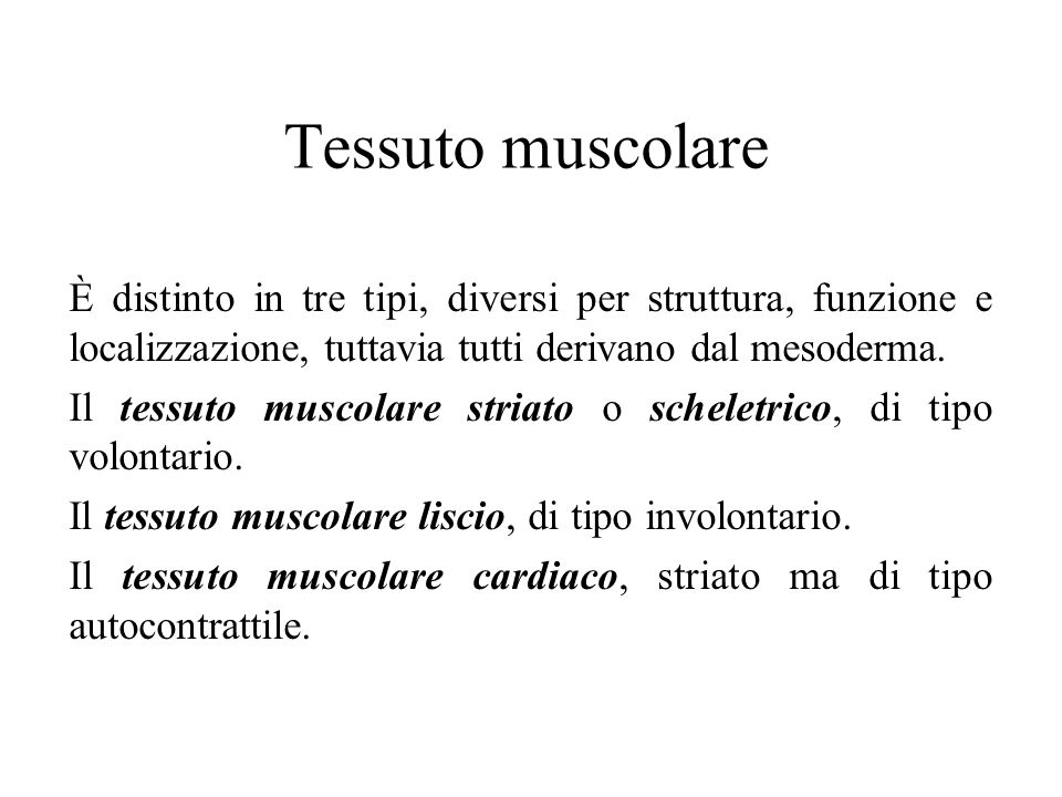 Tessuto muscolare È distinto in tre tipi, diversi per struttura, funzione e localizzazione, tuttavia tutti derivano dal mesoderma.