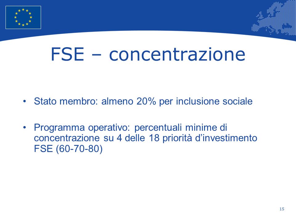 FSE – concentrazione Stato membro: almeno 20% per inclusione sociale