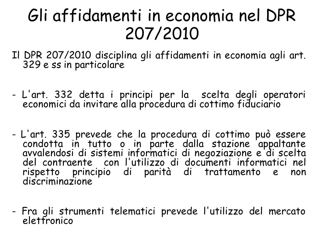 Gli affidamenti in economia nel DPR 207/2010