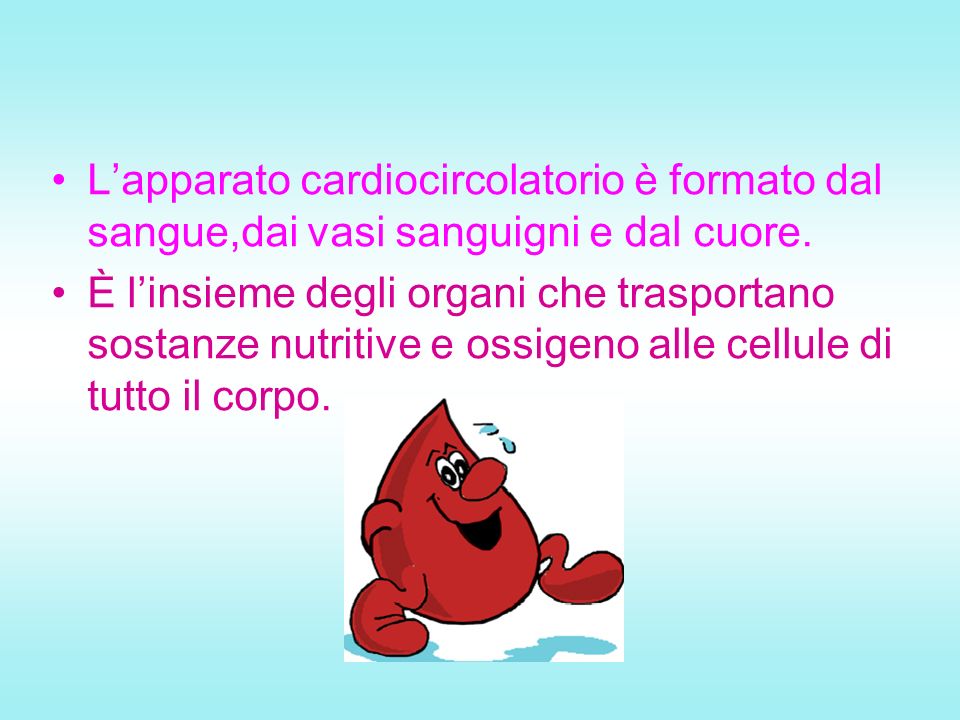 L’apparato cardiocircolatorio è formato dal sangue,dai vasi sanguigni e dal cuore.