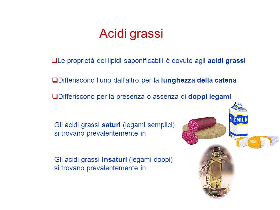 Acidi grassi Le proprietà dei lipidi saponificabili è dovuto agli acidi grassi. Differiscono l’uno dall’altro per la lunghezza della catena.