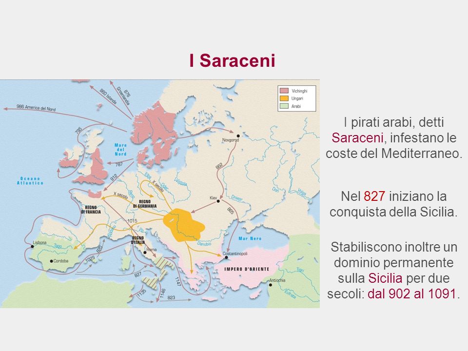 I Saraceni I pirati arabi, detti Saraceni, infestano le coste del Mediterraneo. Nel 827 iniziano la conquista della Sicilia.