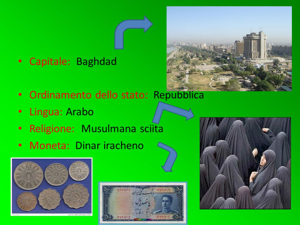 Capitale: Baghdad Ordinamento dello stato: Repubblica. Lingua: Arabo. Religione: Musulmana sciita.