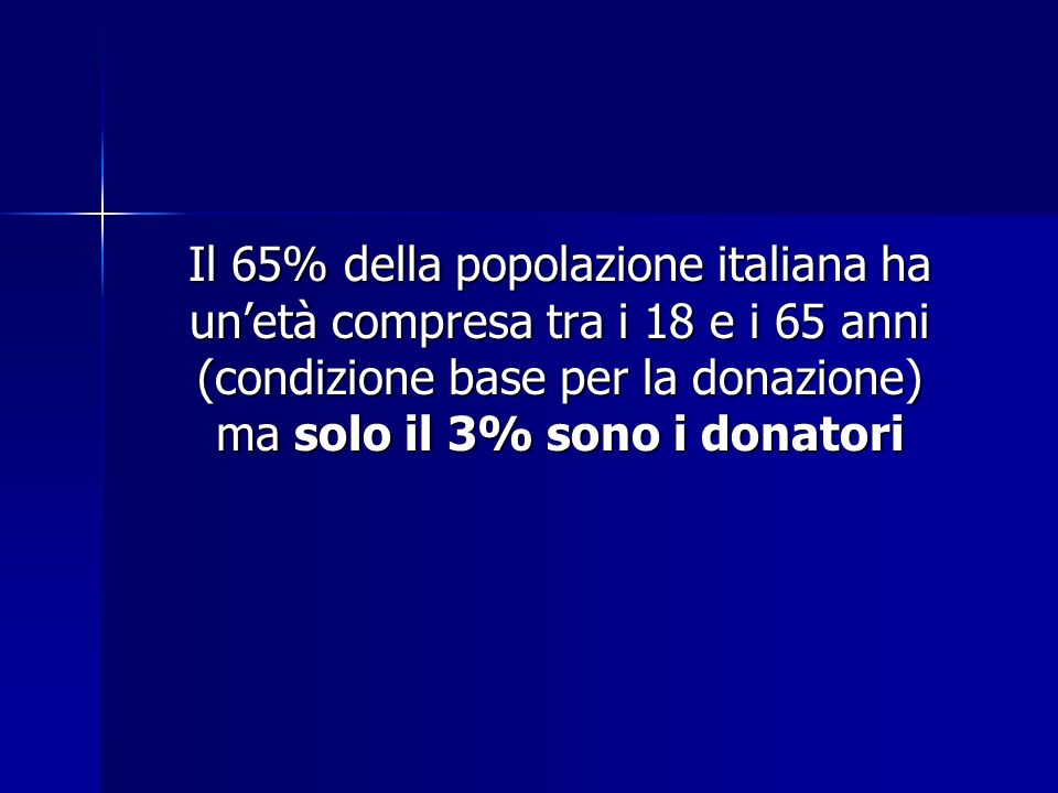 Il 65% della popolazione italiana ha un’età compresa tra i 18 e i 65 anni (condizione base per la donazione) ma solo il 3% sono i donatori