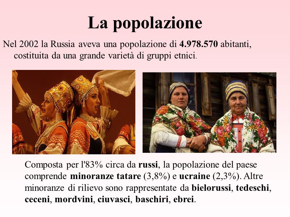 La popolazione Nel 2002 la Russia aveva una popolazione di abitanti, costituita da una grande varietà di gruppi etnici.