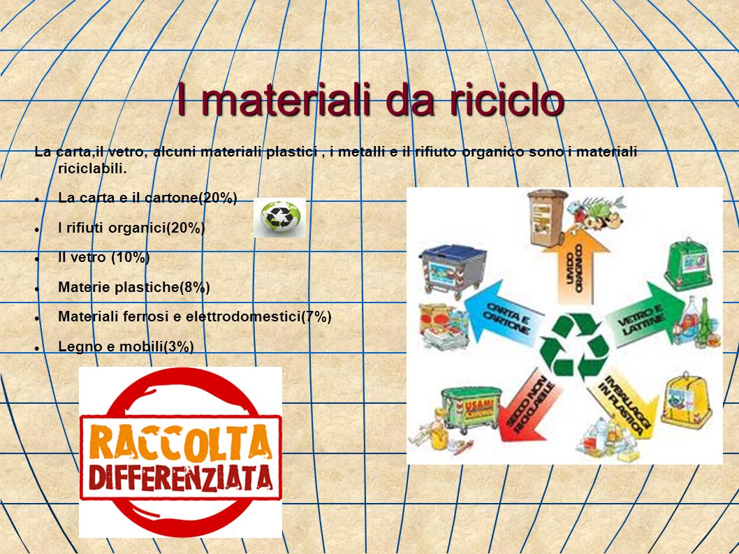 I materiali da riciclo La carta,il vetro, alcuni materiali plastici , i metalli e il rifiuto organico sono i materiali riciclabili.
