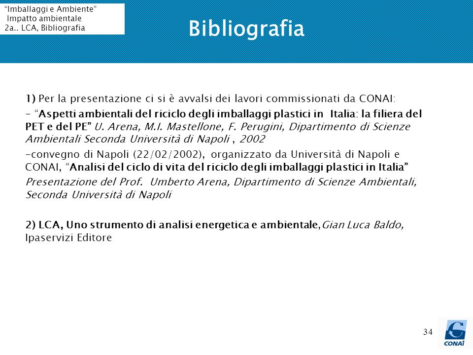 Bibliografia Imballaggi e Ambiente Impatto ambientale. 2a.. LCA, Bibliografia.
