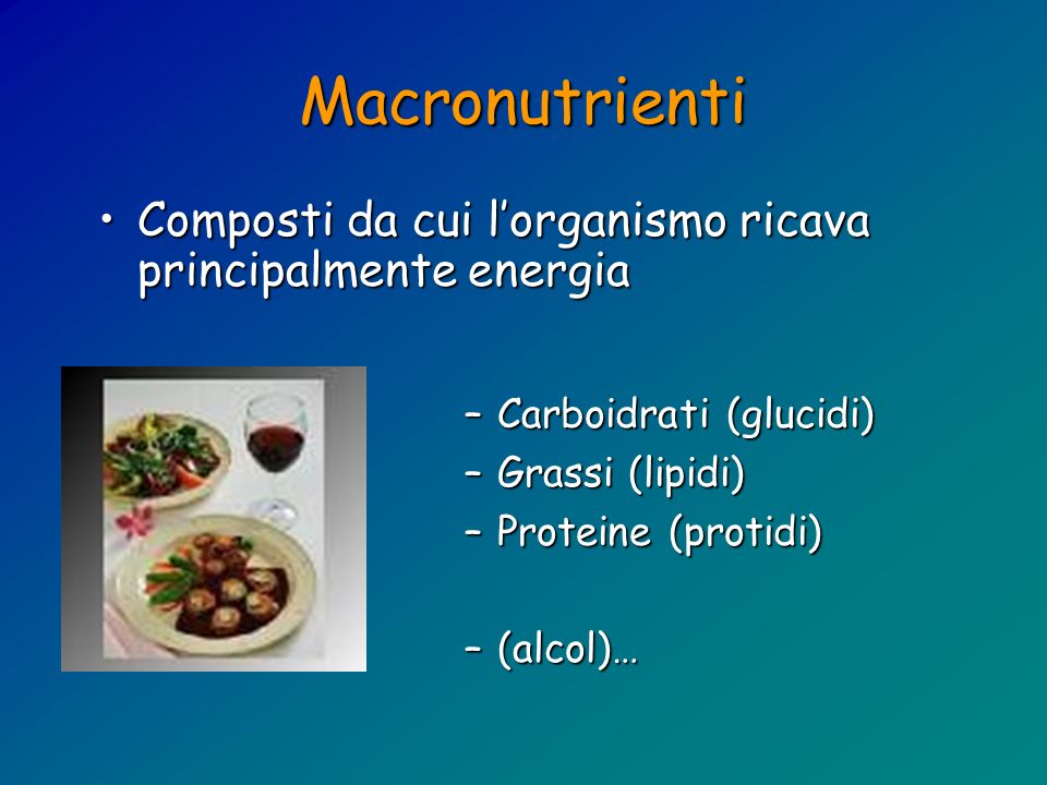 Macronutrienti Composti da cui l’organismo ricava principalmente energia. Carboidrati (glucidi) Grassi (lipidi)