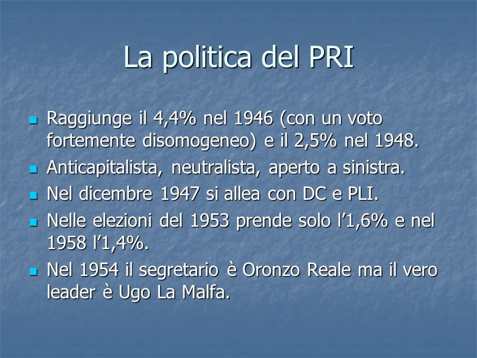 La politica del PRI Raggiunge il 4,4% nel 1946 (con un voto fortemente disomogeneo) e il 2,5% nel