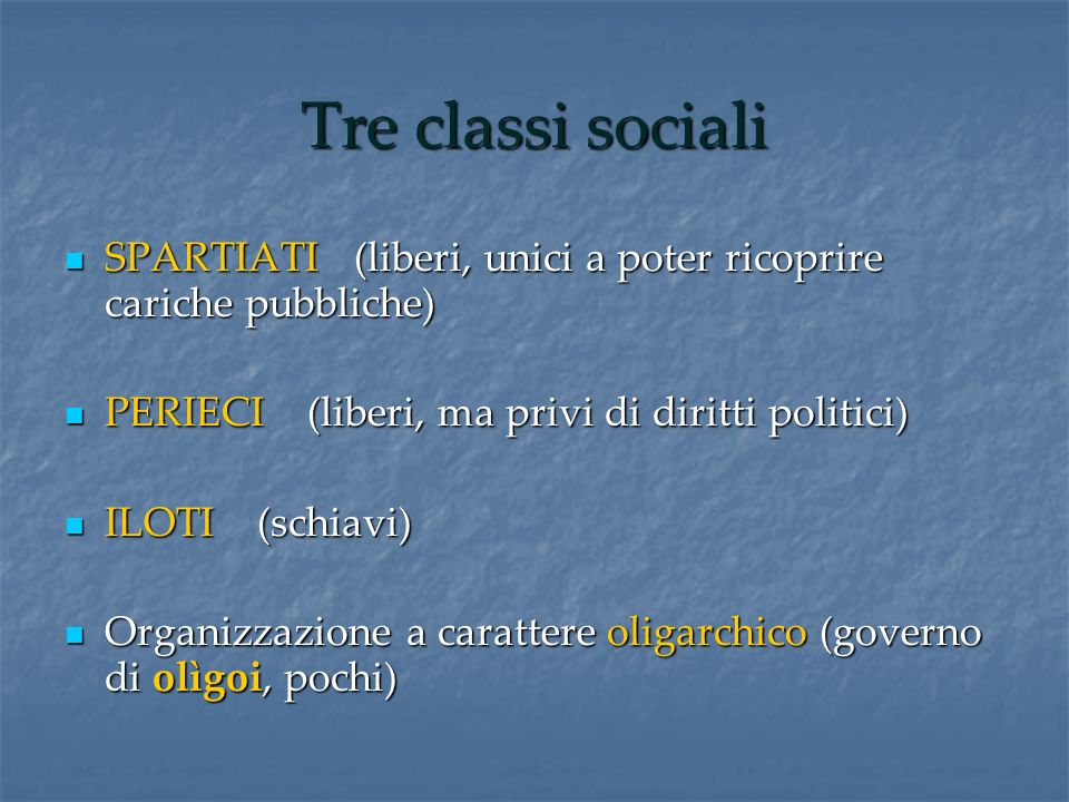 Tre classi sociali SPARTIATI (liberi, unici a poter ricoprire cariche pubbliche) PERIECI (liberi, ma privi di diritti politici)