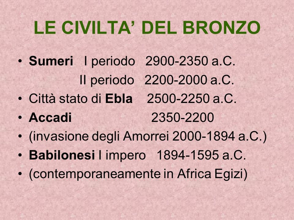LE CIVILTA’ DEL BRONZO Sumeri I periodo a.C.