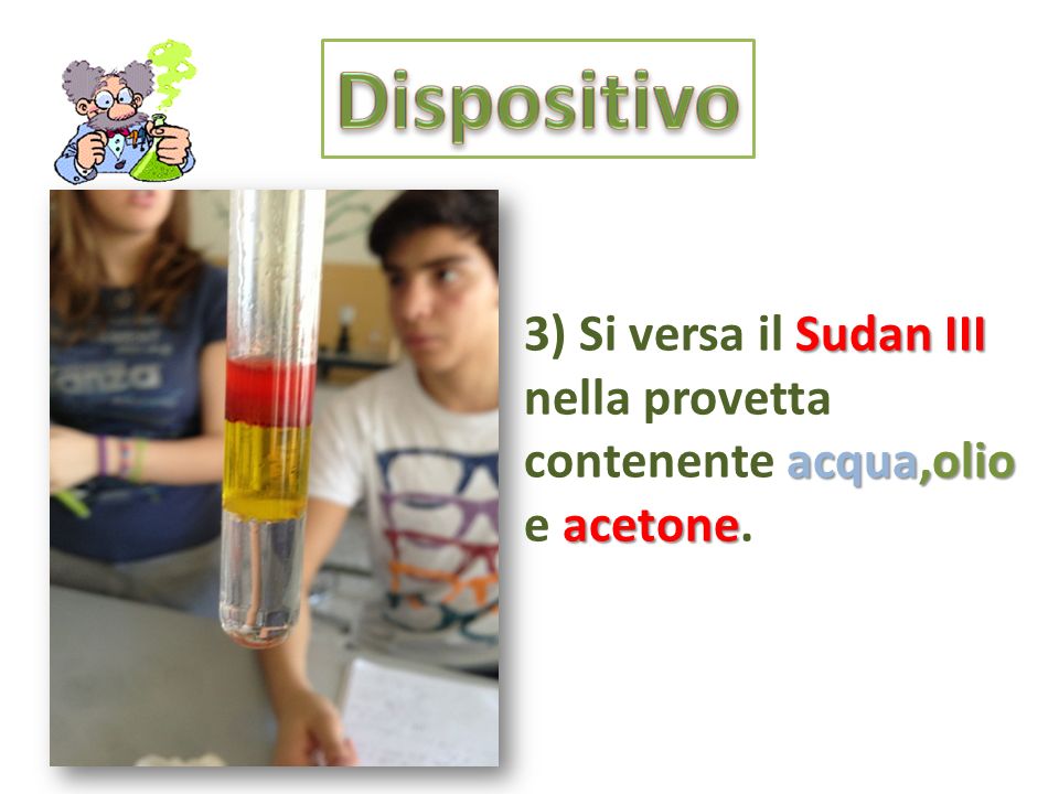 Dispositivo 3) Si versa il Sudan III nella provetta contenente acqua,olio e acetone.