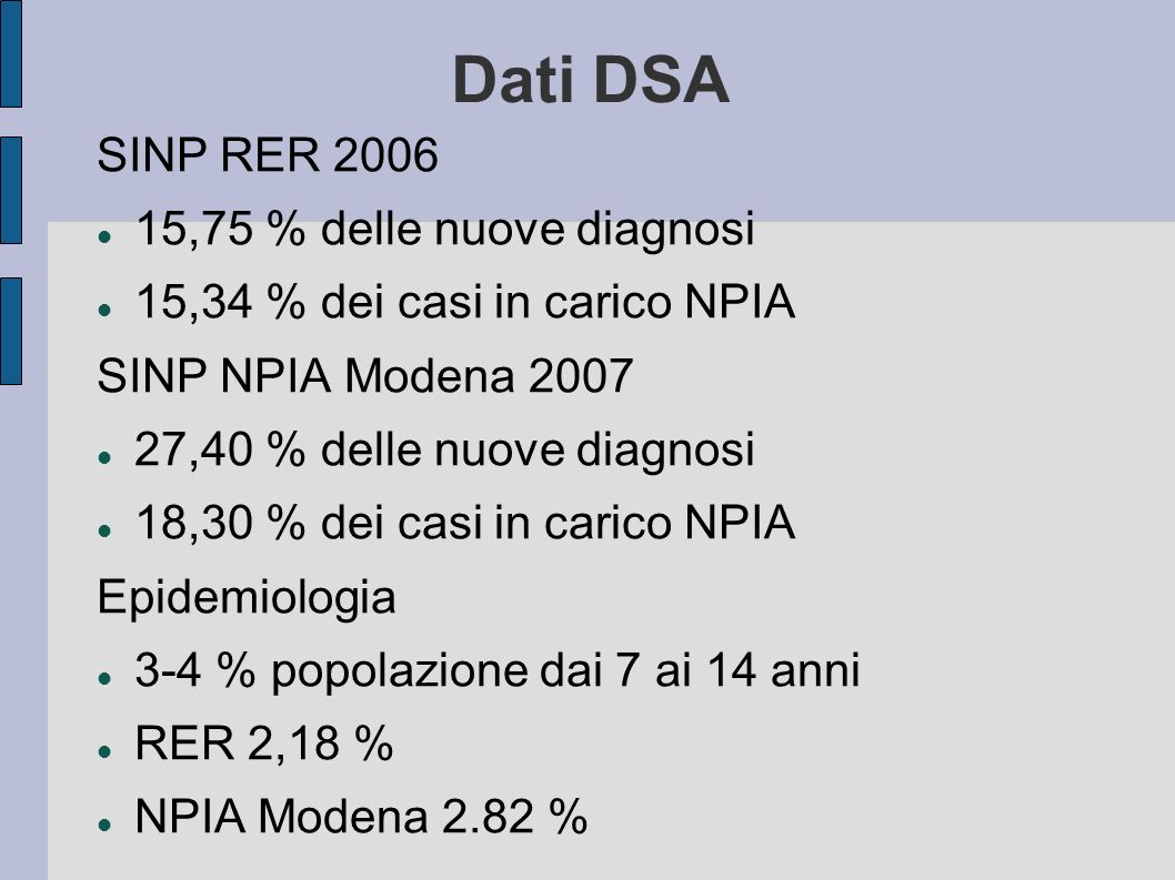 Dati DSA SINP RER ,75 % delle nuove diagnosi