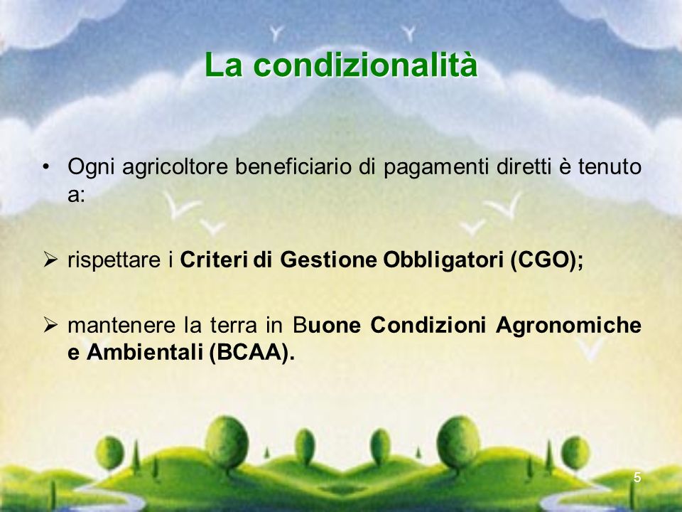 La condizionalità Ogni agricoltore beneficiario di pagamenti diretti è tenuto a: rispettare i Criteri di Gestione Obbligatori (CGO);