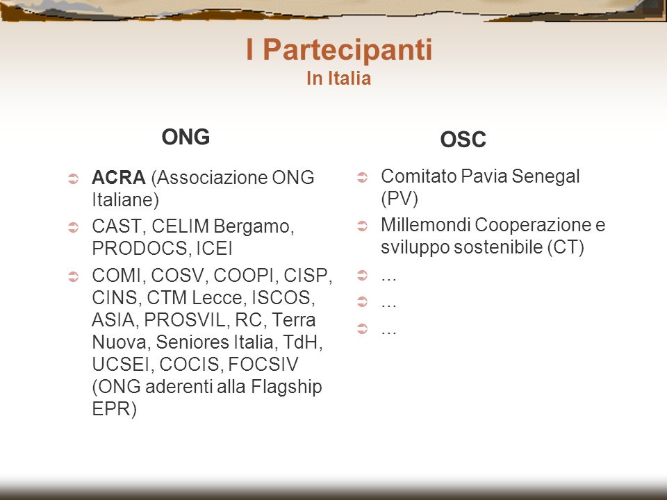 I Partecipanti ONG OSC In Italia ACRA (Associazione ONG Italiane)