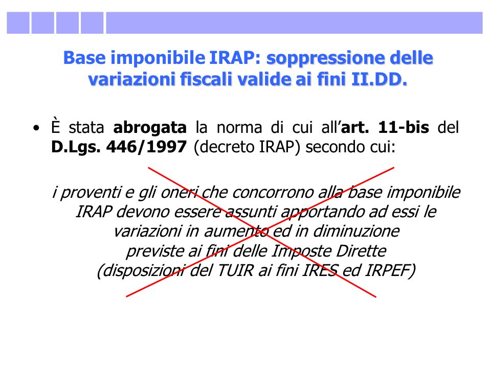 Base imponibile IRAP: soppressione delle variazioni fiscali valide ai fini II.DD.