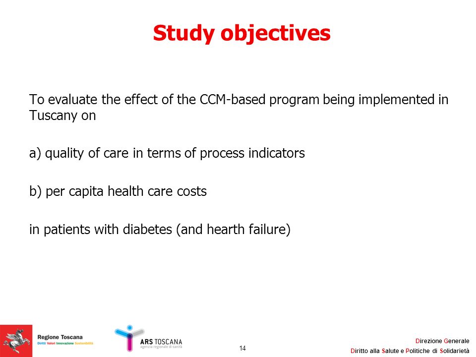 Study objectives To evaluate the effect of the CCM-based program being implemented in Tuscany on. a) quality of care in terms of process indicators.