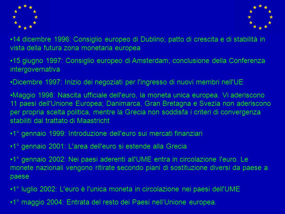 14 dicembre 1996: Consiglio europeo di Dublino; patto di crescita e di stabilità in vista della futura zona monetaria europea