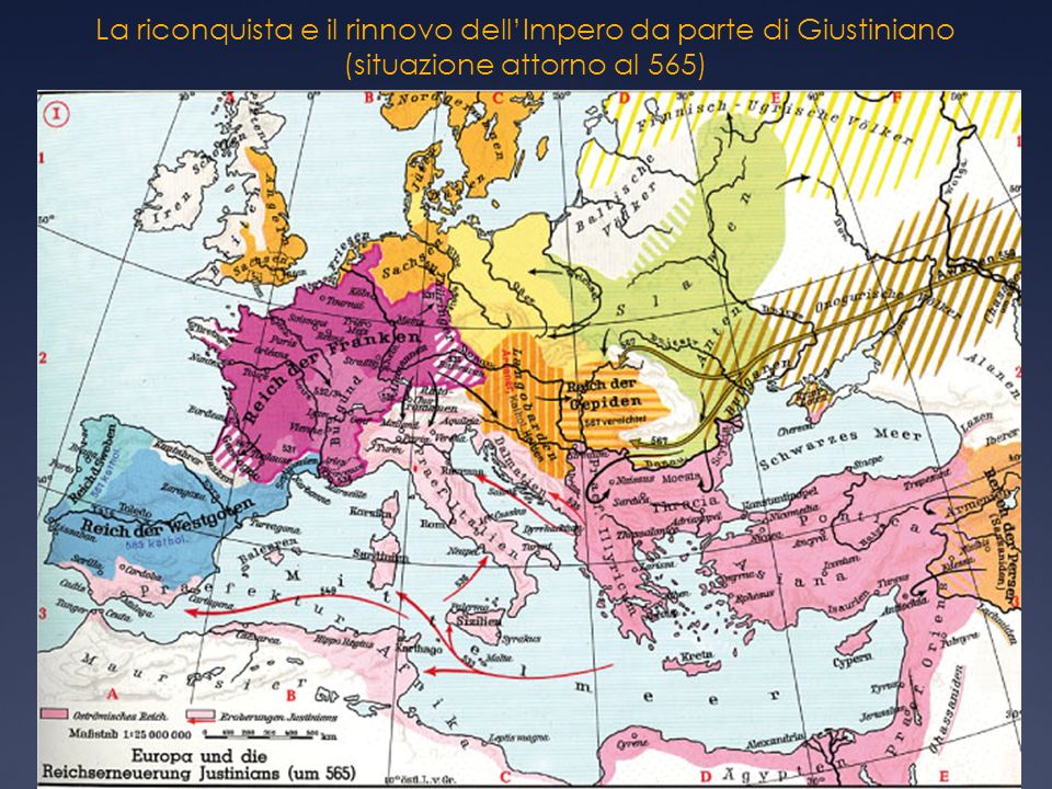 La riconquista e il rinnovo dell’Impero da parte di Giustiniano (situazione attorno al 565)