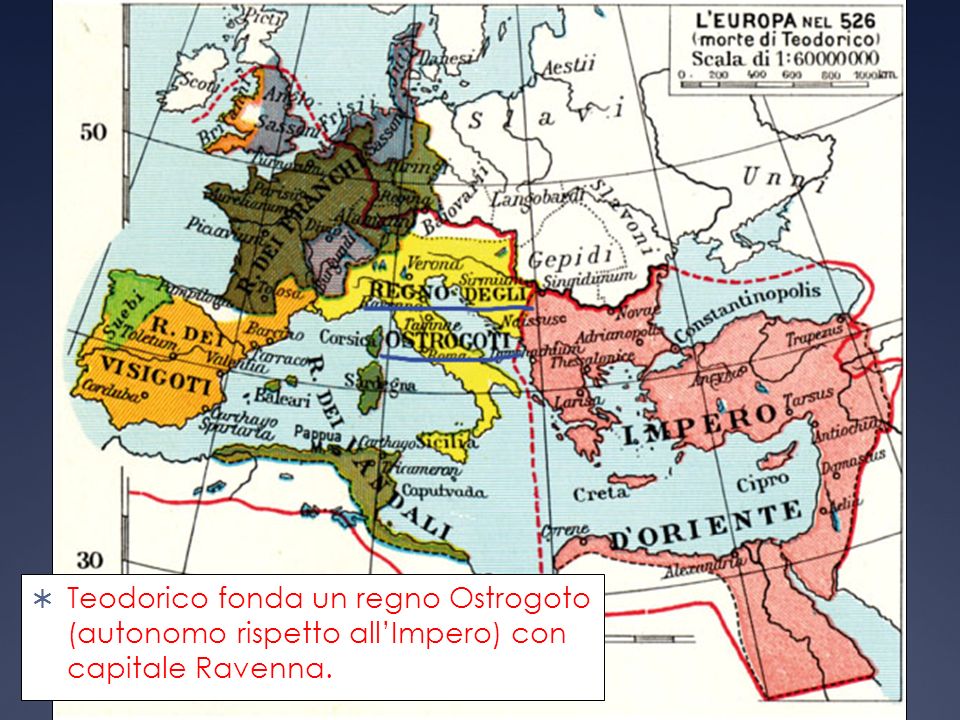 Teodorico fonda un regno Ostrogoto (autonomo rispetto all’Impero) con capitale Ravenna.