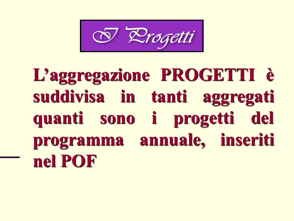 L’aggregazione PROGETTI è suddivisa in tanti aggregati quanti sono i progetti del programma annuale, inseriti nel POF