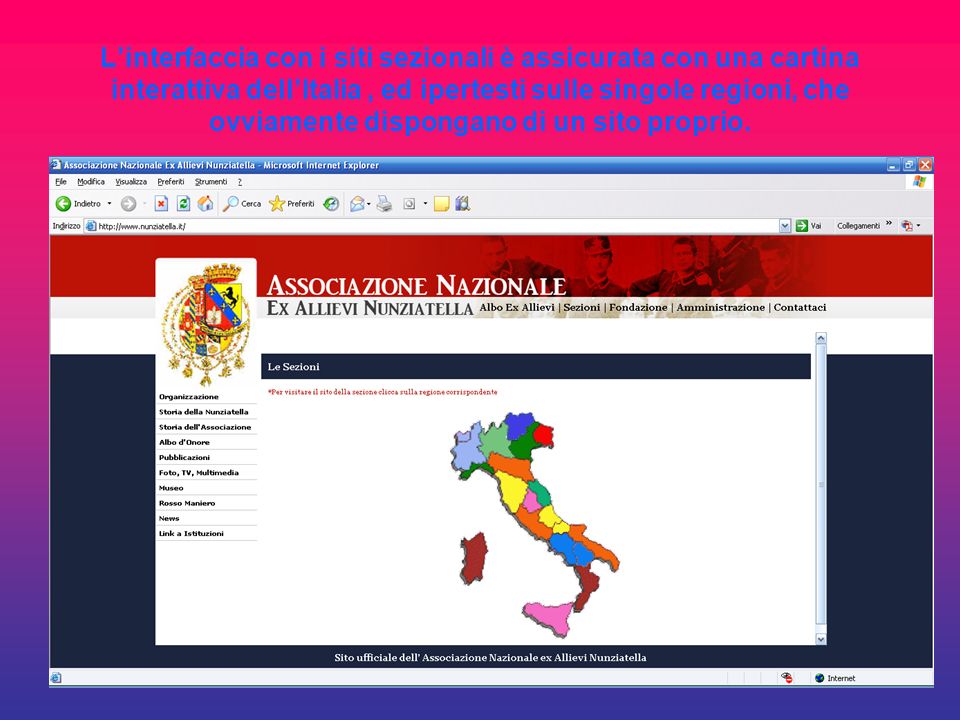 L’interfaccia con i siti sezionali è assicurata con una cartina interattiva dell’Italia , ed ipertesti sulle singole regioni, che ovviamente dispongano di un sito proprio.