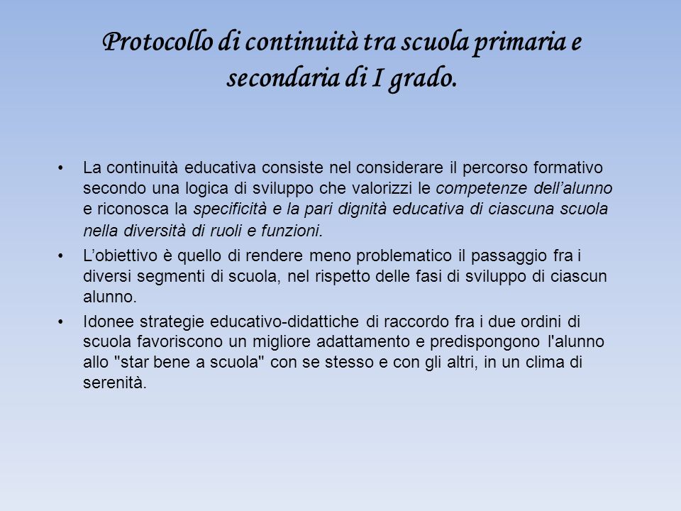 Protocollo di continuità tra scuola primaria e secondaria di I grado.