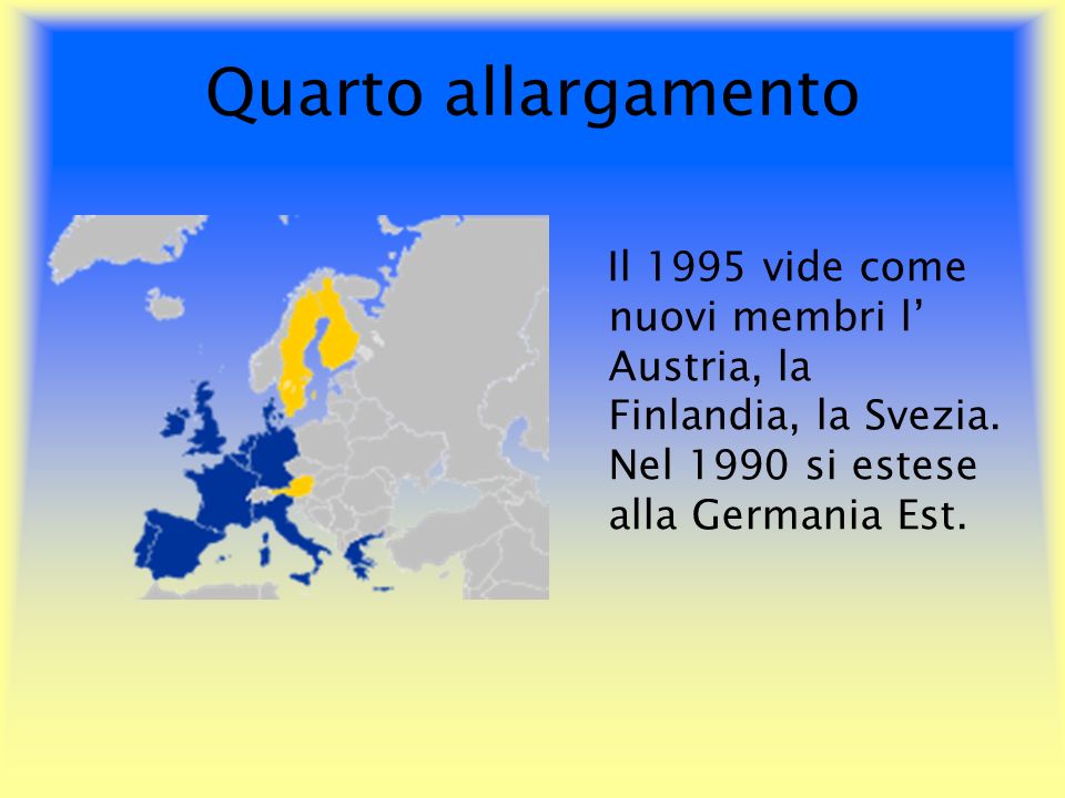 Quarto allargamento Il 1995 vide come nuovi membri l’ Austria, la Finlandia, la Svezia.